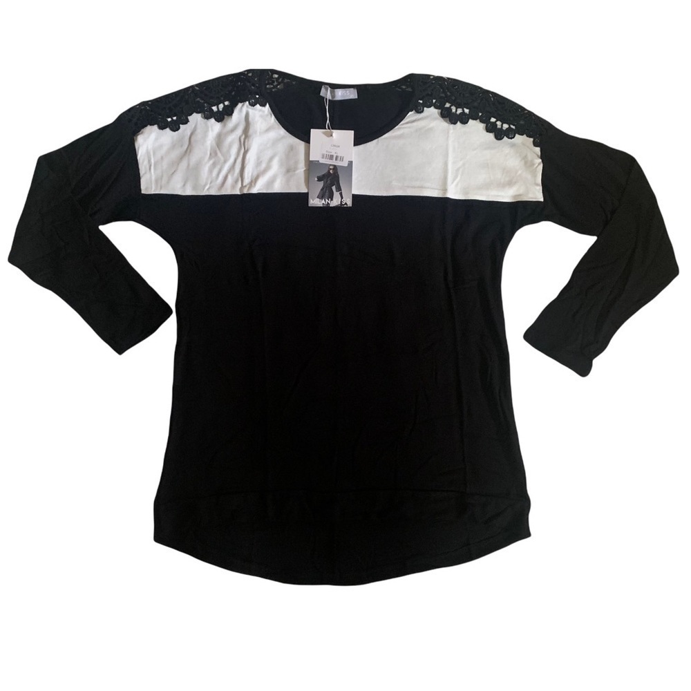 Milan Kiss New With Tags Black & White Color Block Crochet Accent Top XL